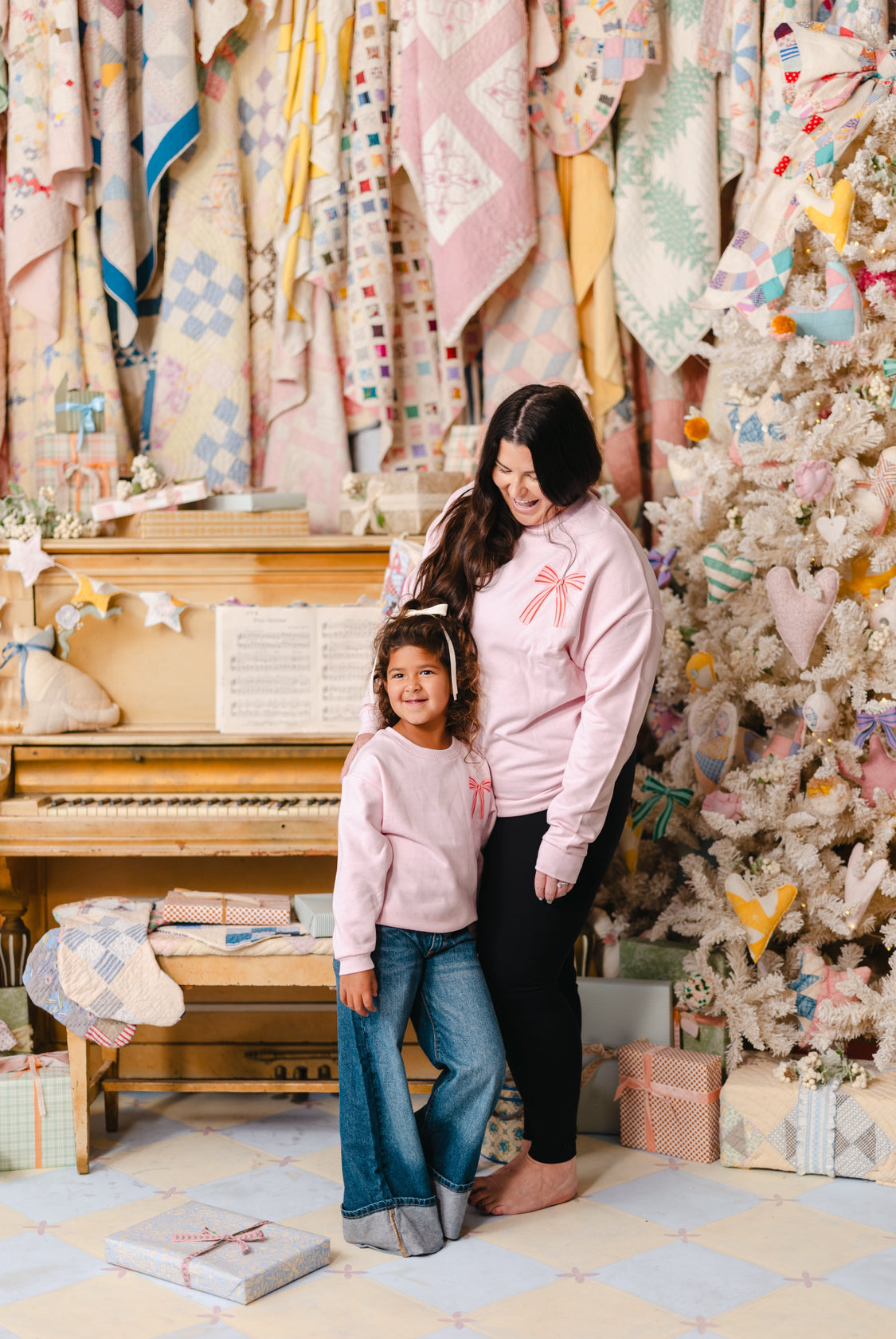 Christmas Bows Pink Kids Crewneck Sweatshirt