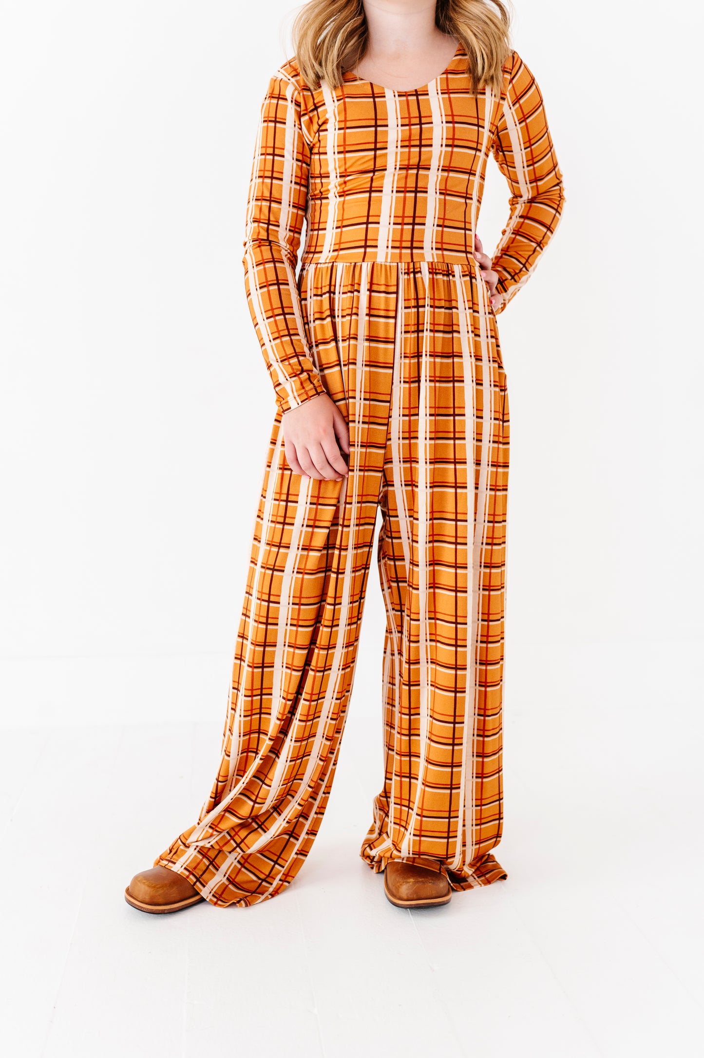 Harvest Plaid Wide Leg Romper (EST SHIP TIME 3-4 WEEKS)