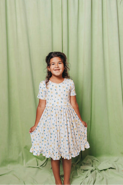 Blueberry Breeze Short Sleeve Ruffle Dress