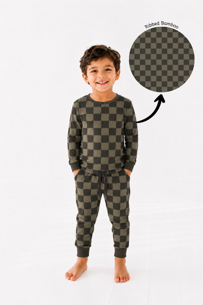 PRE-ORDER OCTOBER Olive Check Long Sleeve Jogger Set