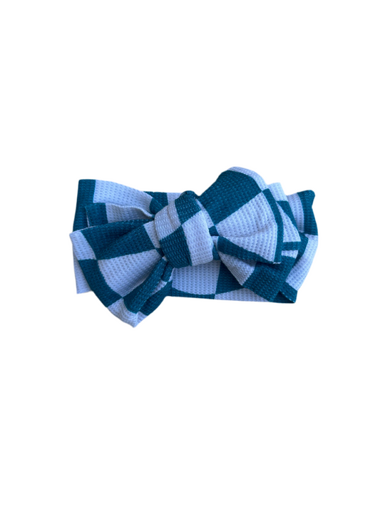 Wavy Check Waffle Knit Top Knot Bow