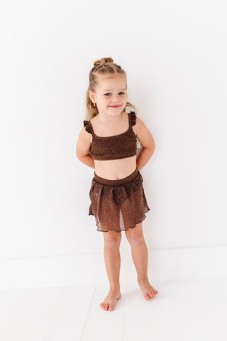Brown Metallic Kids Swim Skirted Bottom