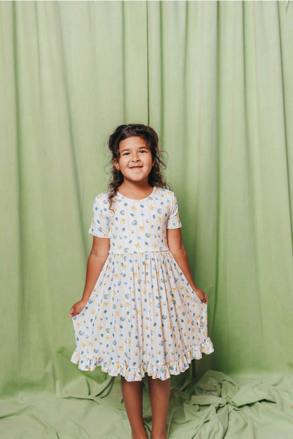 Blueberry Breeze Short Sleeve Ruffle Dress