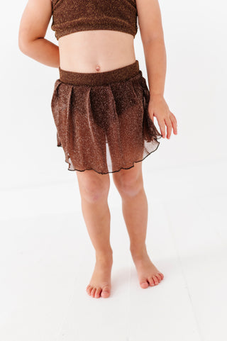 Brown Metallic Kids Swim Skirted Bottom