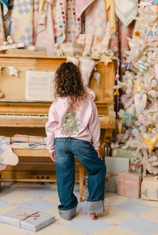 Christmas Bows Pink Kids Crewneck Sweatshirt